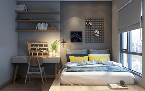 Mẫu thiết kế phòng ngủ đơn giản 6m2 sử dụng giường ngủ có ngăn kéo giúp tiết kiệm diện tích phòng