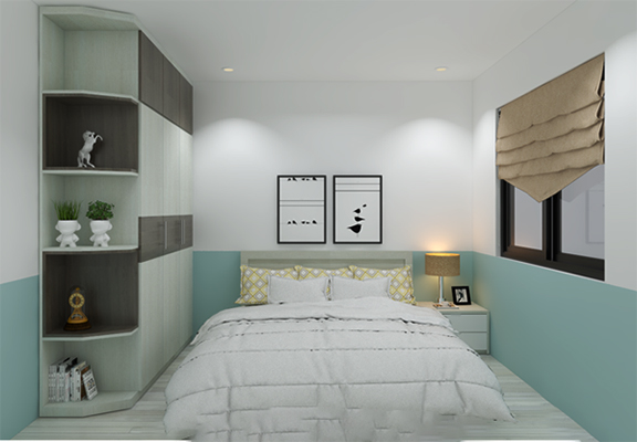Mẫu thiết kế phòng ngủ đơn giản 9m2 phối hợp màu sắc cân đối