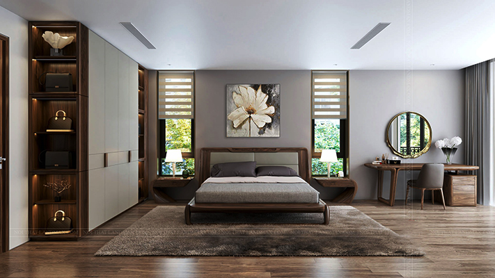 Mẫu thiết kế phòng ngủ đơn giản 12m2 hiện đại, tiện nghi với đầy đủ đồ dùng nội thất